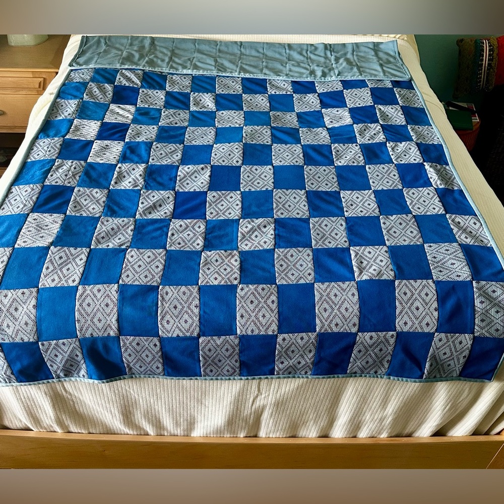 Vintage Handmade Twin Quilt Patchwork Shades of Blue Clean Small stains on back.